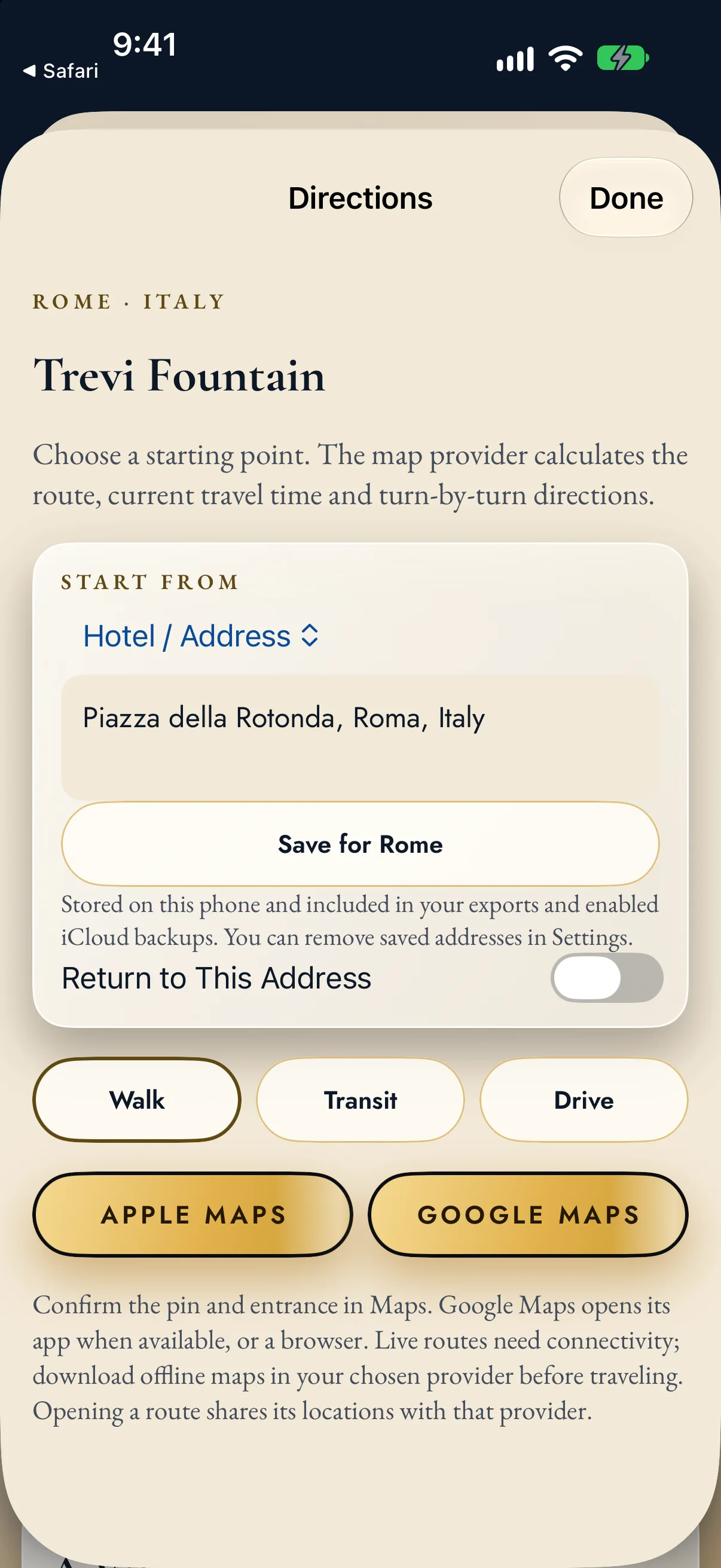 The Shortlist Atlas app: Directions screen