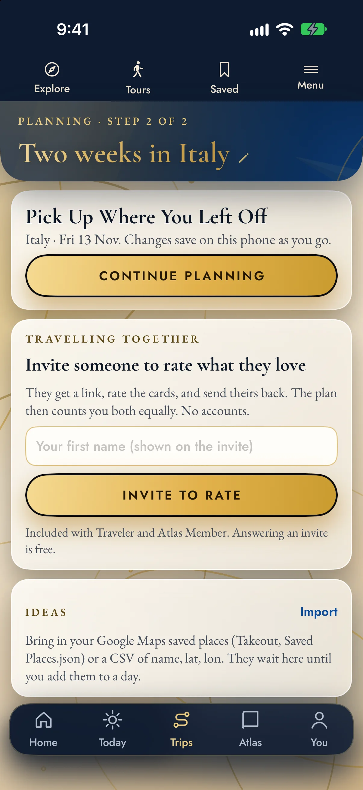 The Shortlist Atlas app: Trip Planning screen