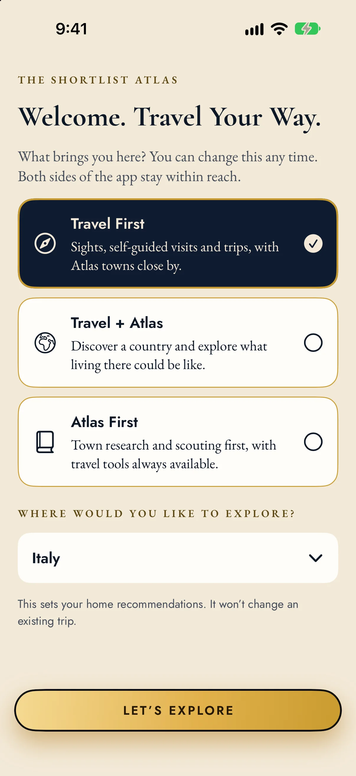 The Shortlist Atlas app: Make It Yours screen
