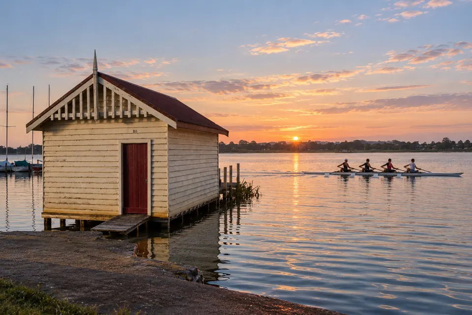 Rowers on Lake Wendouree at dawn