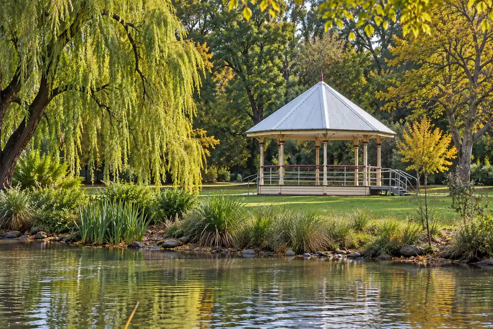The bandstand beside Lake Joanna in Castlemaine Botanical Gardens