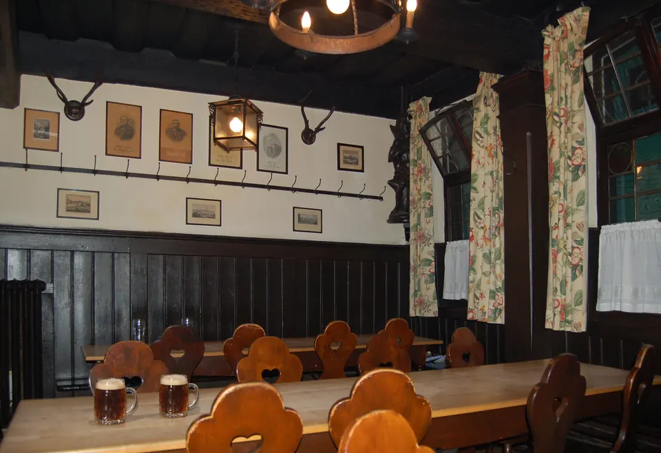 The Schlenkerla taproom of the Heller brewery, smoked beer on the table