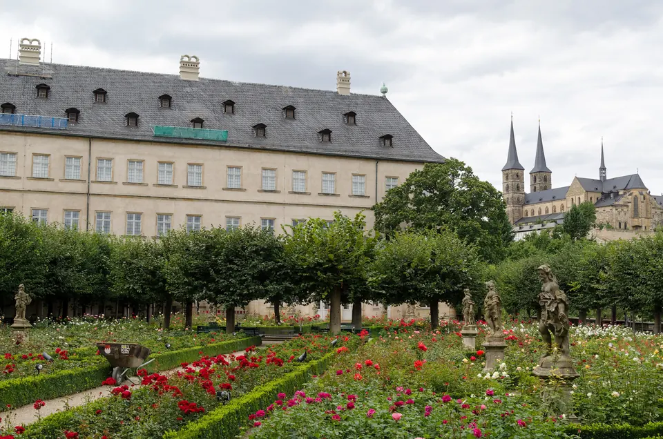 The rose garden of the Neue Residenz, looking over the roofs