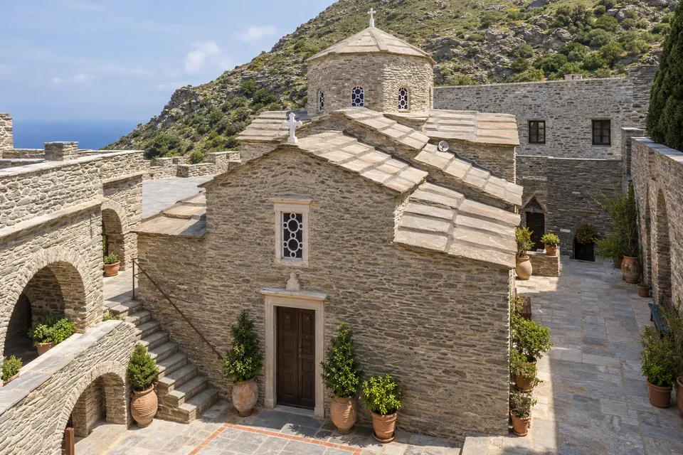 The church and courtyard of Panachrantou Monastery