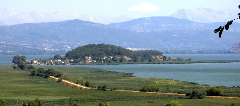 Pamvotida, with Nisi offshore and the Pindus behind
