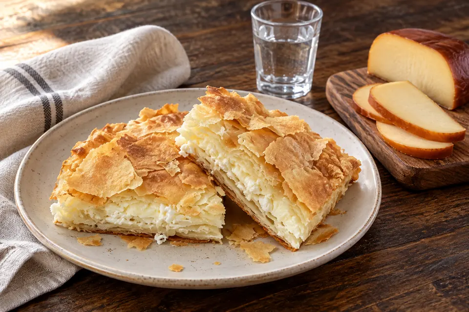 An Epirot pita, Metsovone and a glass of tsipouro