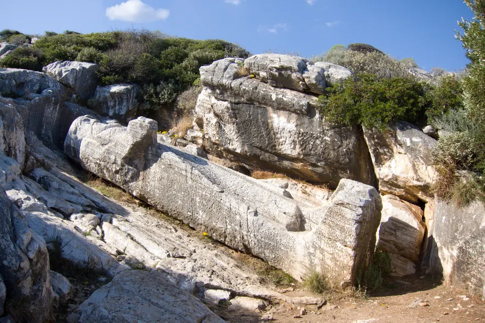 The unfinished colossus lying on the hillside in its quarry