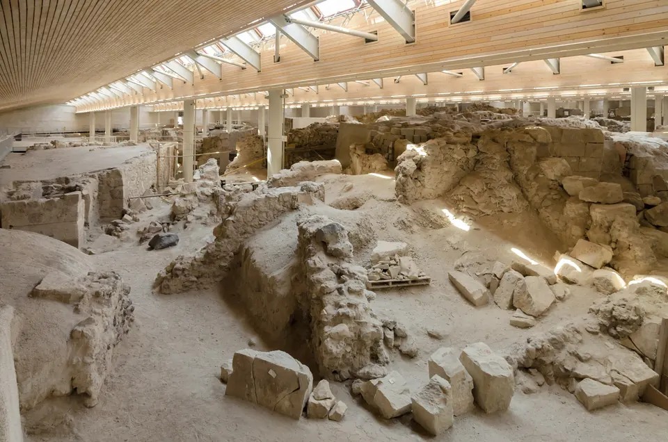 The excavated Bronze Age streets under their shelter