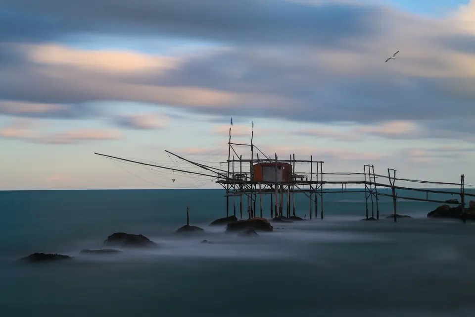 A trabocco at dusk