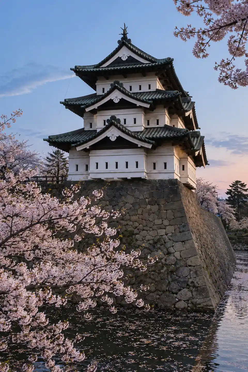 Hirosaki Castle keep above the moat, framed by cherry blossom