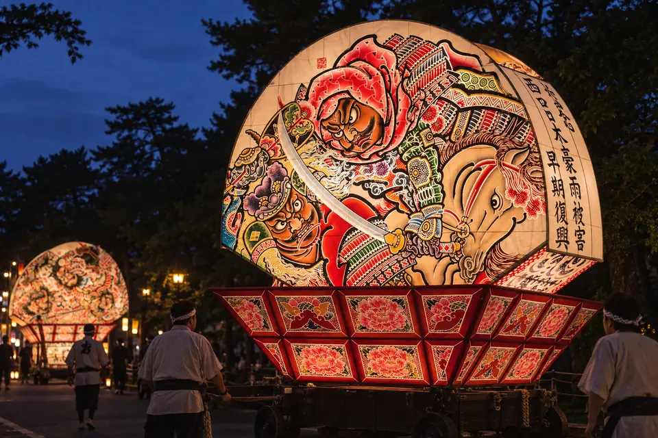 A fan-shaped Neputa float lit at night in August