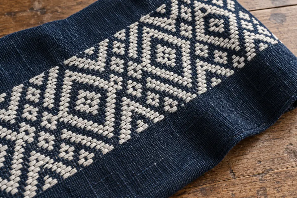 Kogin-zashi embroidery, white thread on indigo