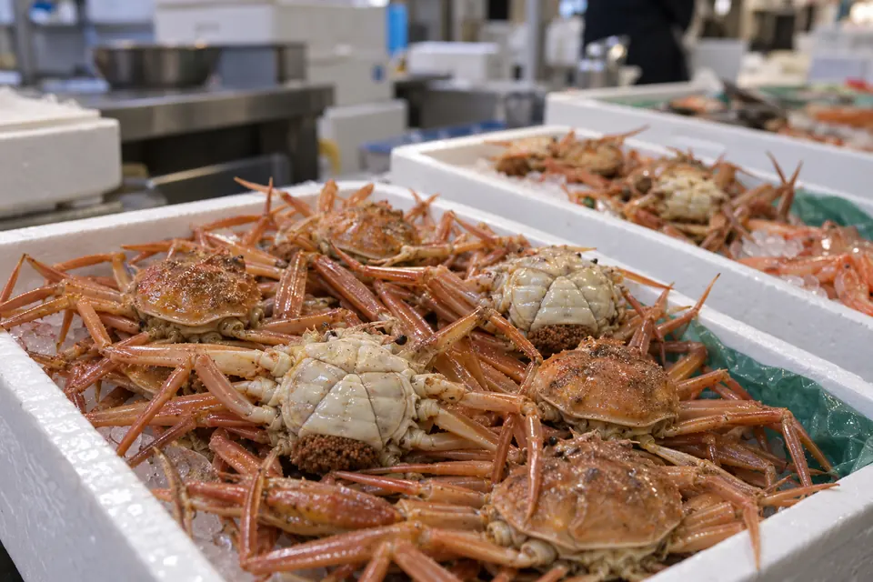 Kobako crab on the stalls at Omicho market