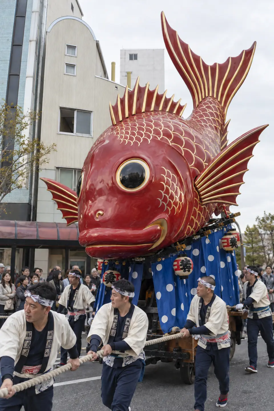 A lacquered hikiyama float pulled through the streets at Kunchi
