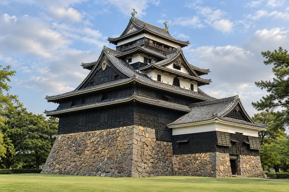 Matsue Castle keep, black board walls above the stone base