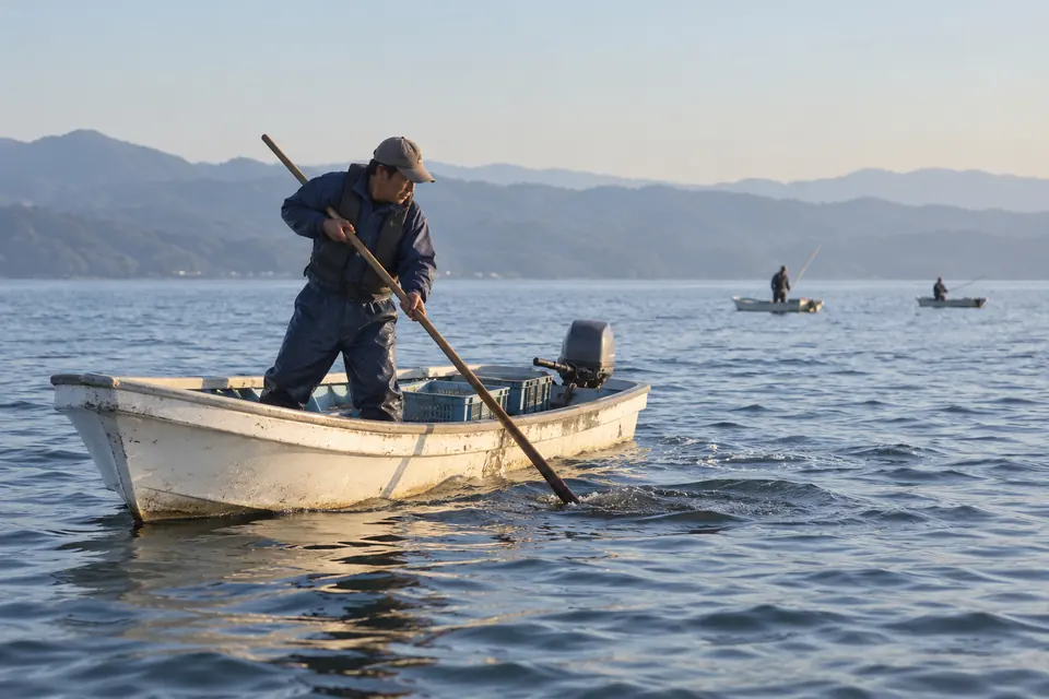 Shijimi clam boats raking the lake bed at morning