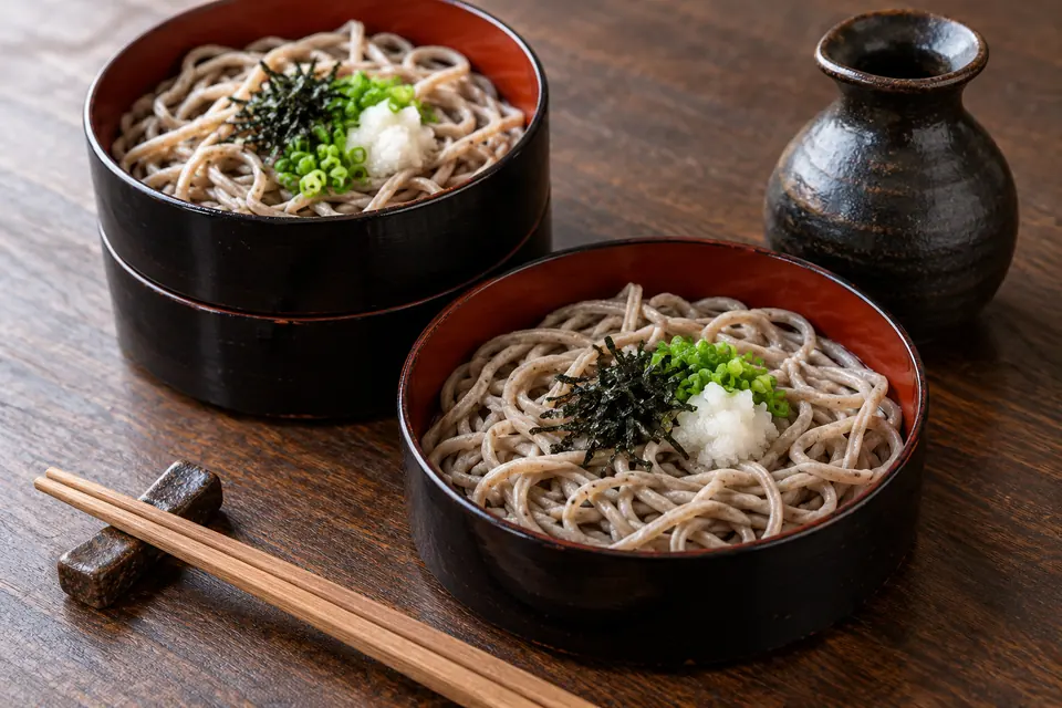 Izumo warigo soba in stacked lacquer dishes