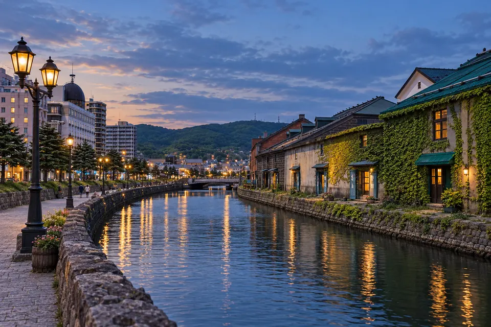 Otaru Canal with gas lamps and warehouses at dusk