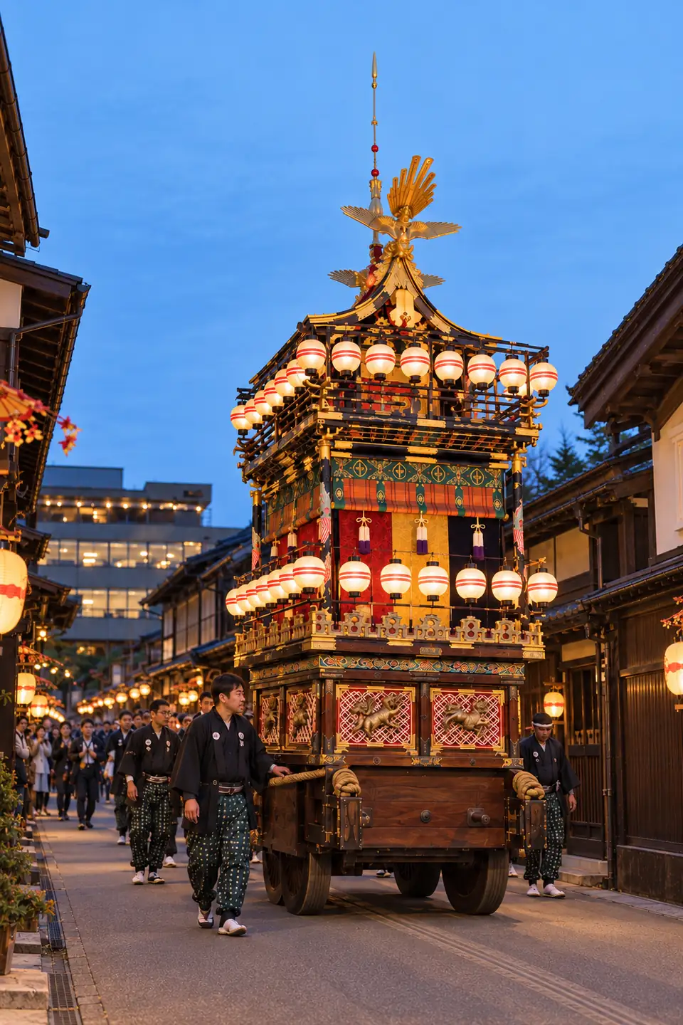 Festival floats paraded through the old town