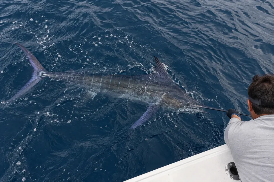 A marlin brought alongside