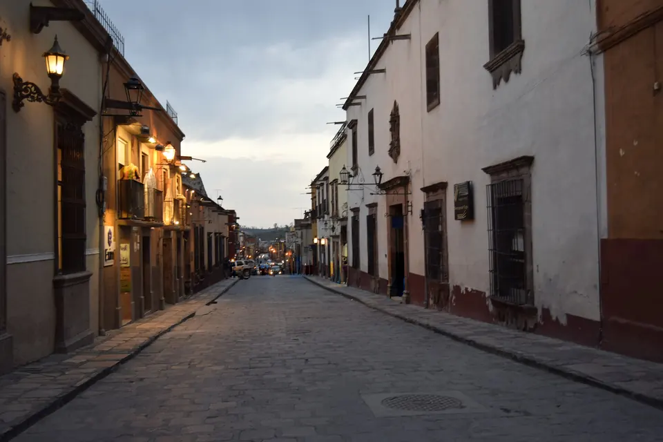 A cobbled street at dusk