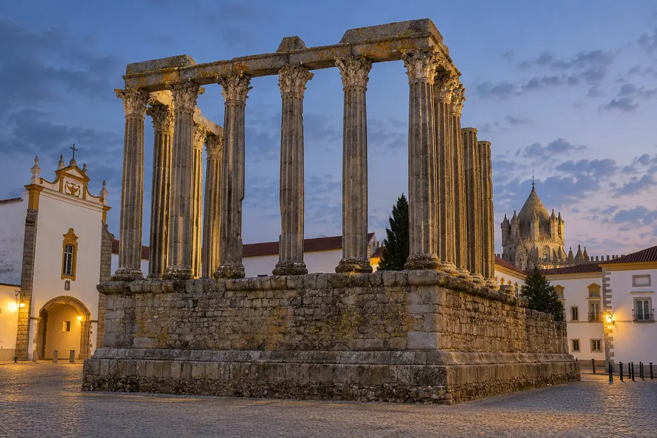 The Corinthian columns of the Templo Romano at dusk