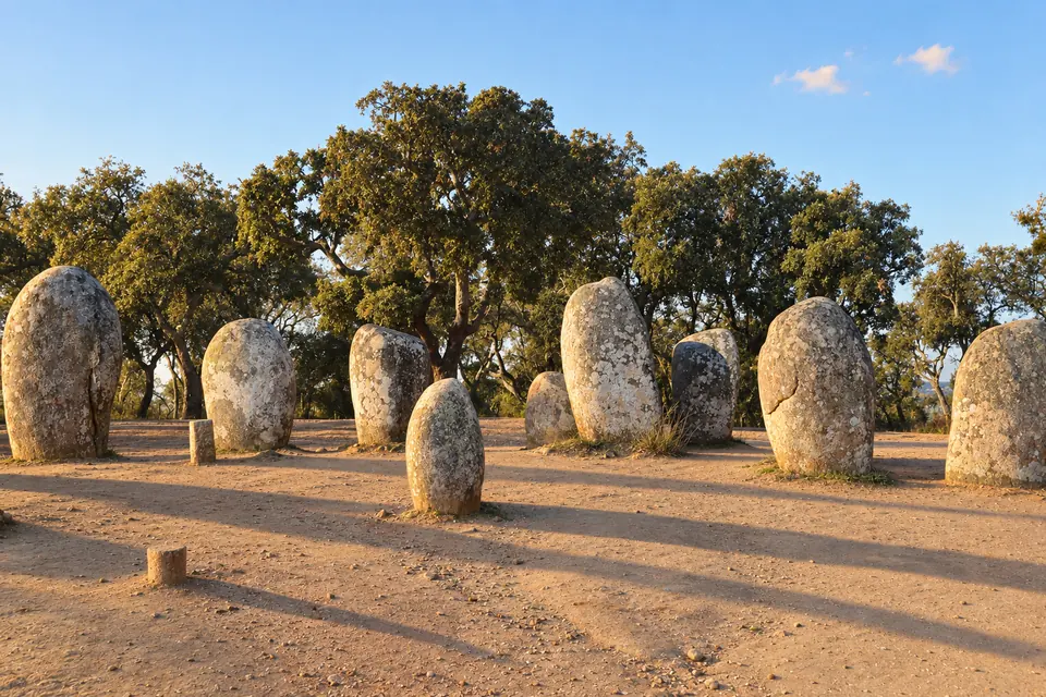 The Almendres Cromlech at dawn on its ridge