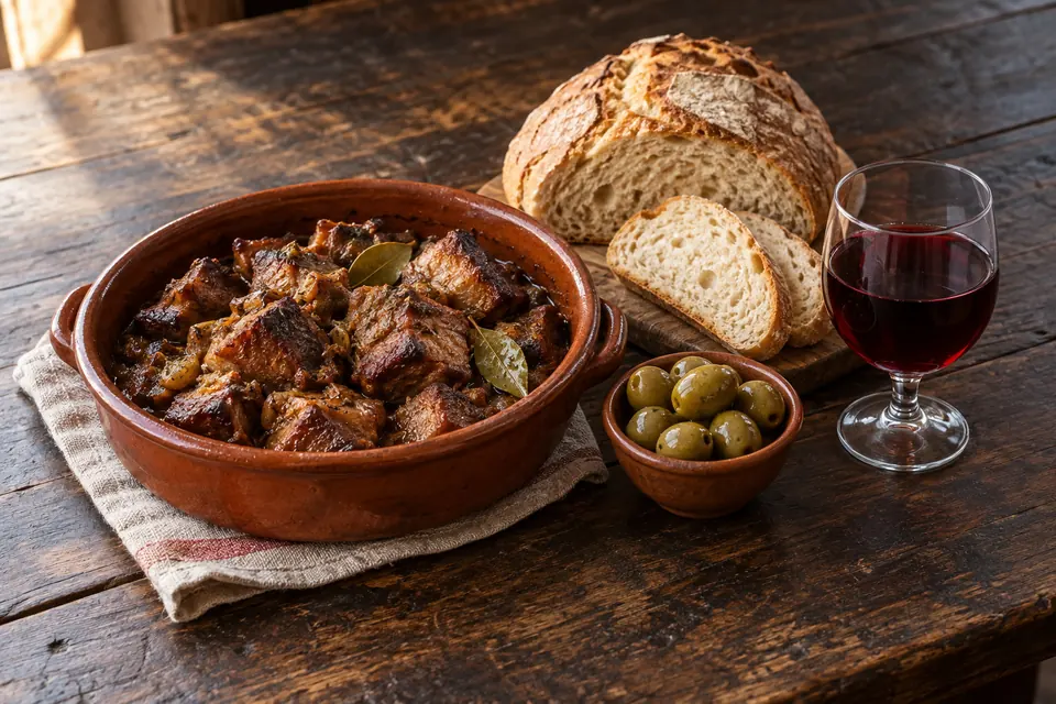 Alentejo food and wine: porco preto, bread, a glass of red