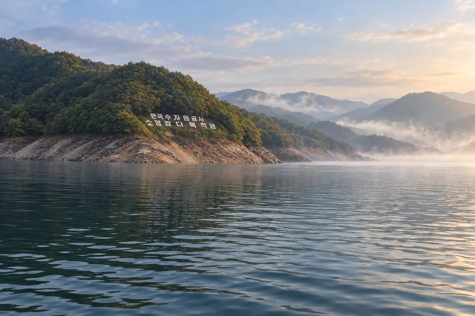 Morning fog rising off Soyang Lake