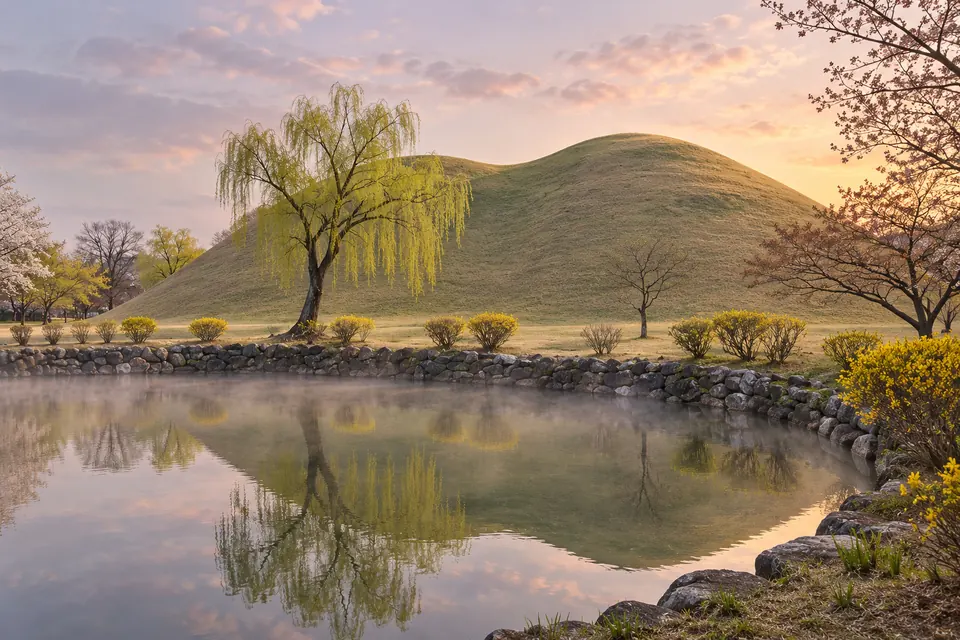 Daereungwon's grass tomb mounds at dawn