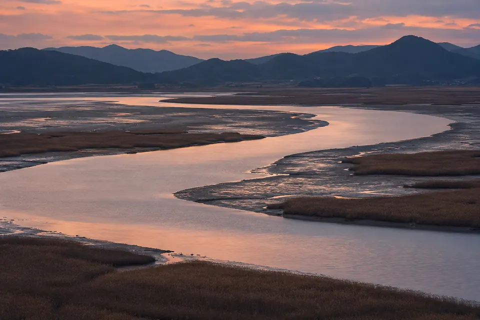 Suncheon Bay's S-shaped channel through the reeds at sunset, from the Yongsan observatory