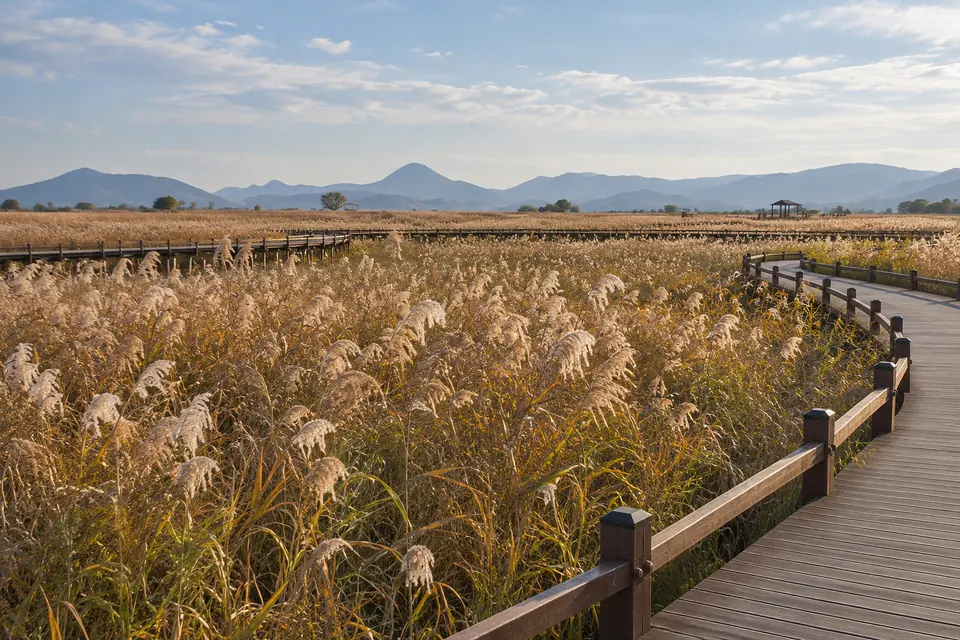 The reedbed boardwalk in autumn flower