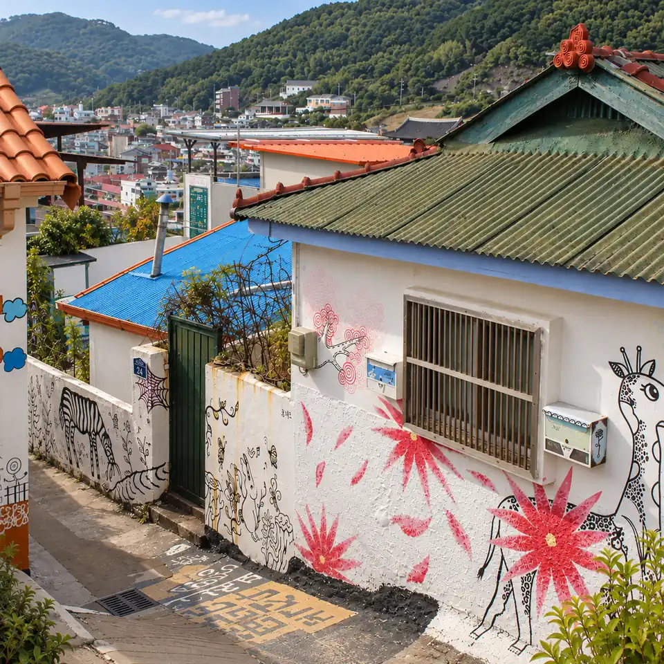 Dongpirang's painted lanes above the harbor