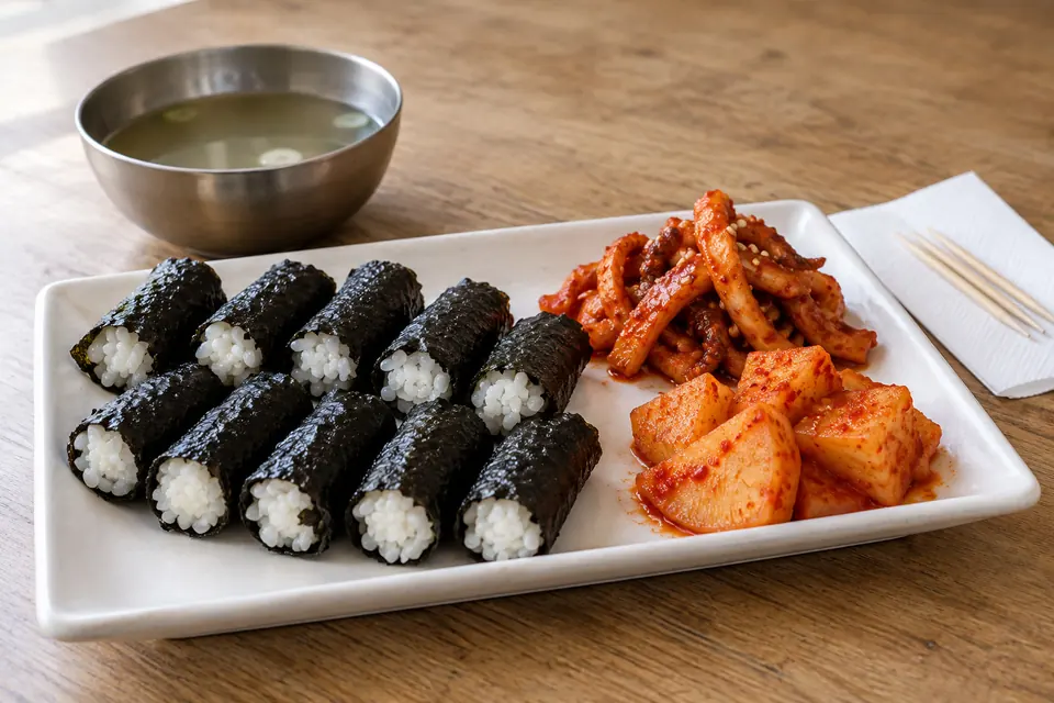 Chungmu gimbap with squid and radish kimchi