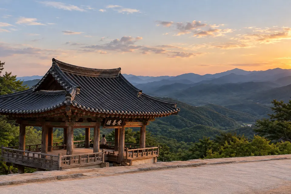 Sunset over the Sobaek ridges from Buseoksa's terrace