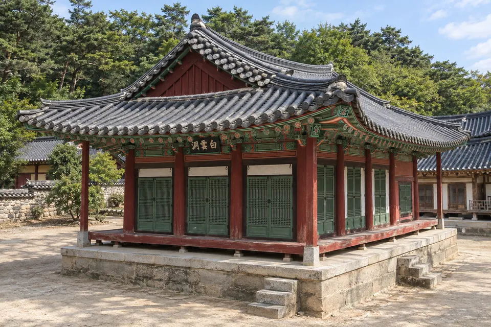 The lecture hall of Sosu Seowon among its pines