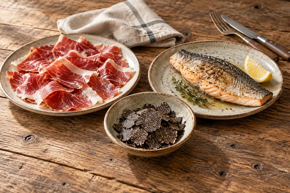 Truffle, ham and mountain trout