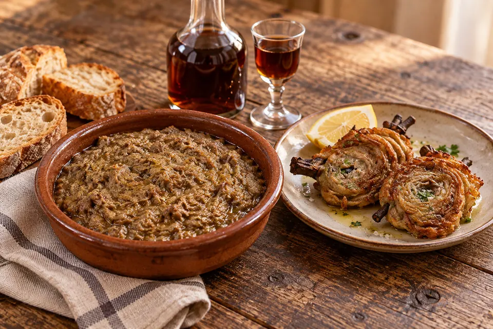 Morteruelo, zarajos, and a bottle of resolí
