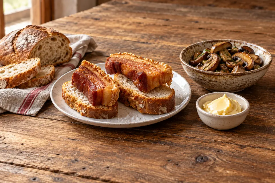 Torreznos, Soria butter and wild mushrooms