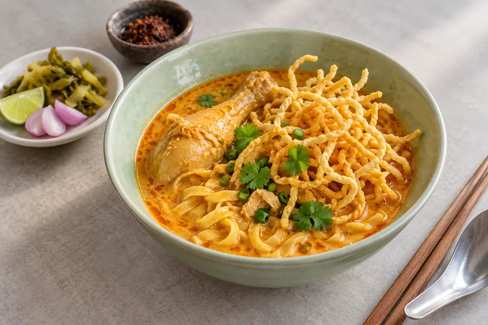 A bowl of khao soi with crispy noodles