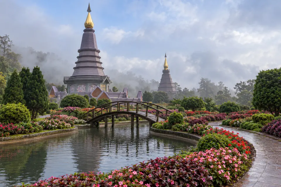 The twin royal pagodas on Doi Inthanon in the mist