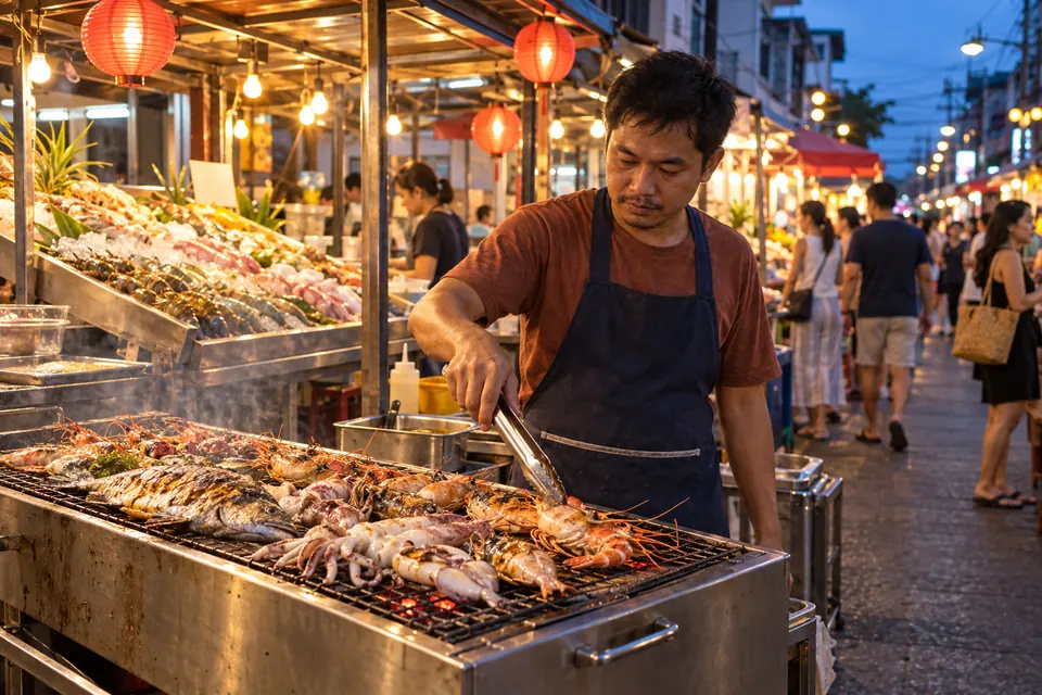 Hua Hin night market, seafood grills and lanterns