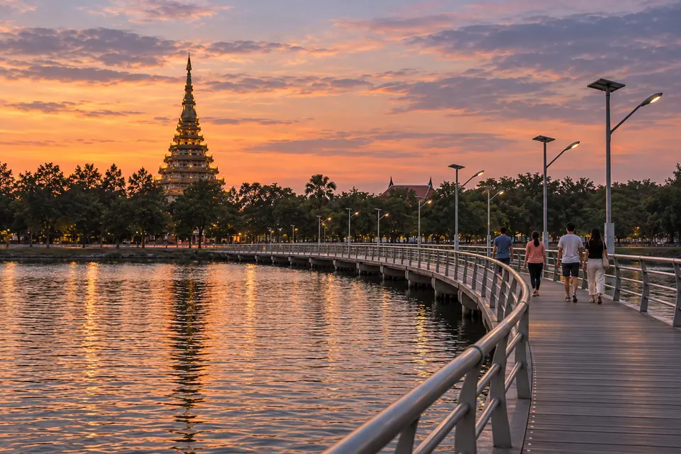 Bueng Kaen Nakhon at dusk, walkers on the lakeside path