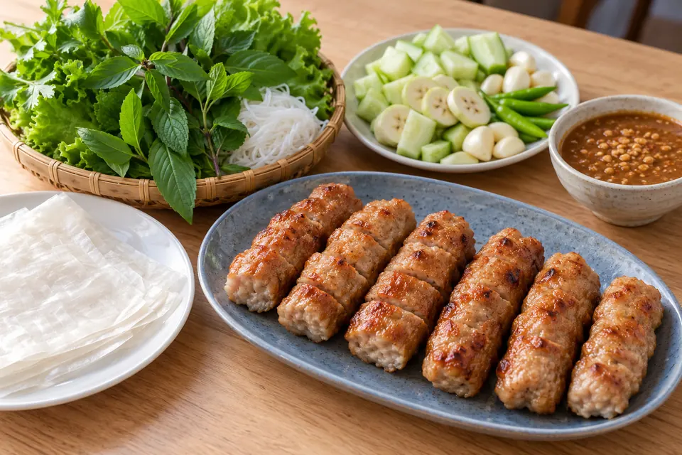 Naem nuang, grilled pork with rice paper and herbs