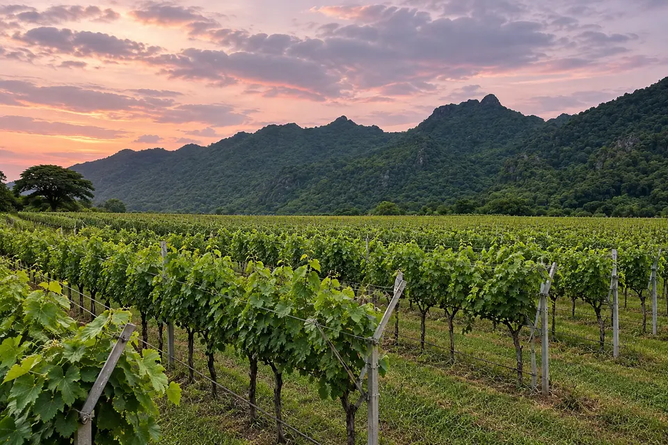 Vineyard rows at dusk below the hills