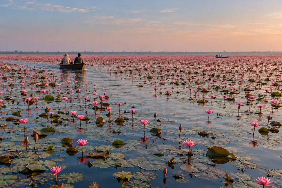 The Red Lotus Sea at dawn, boats among the flowers