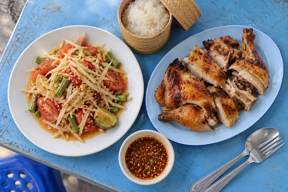 Som tam and gai yang at a street stall