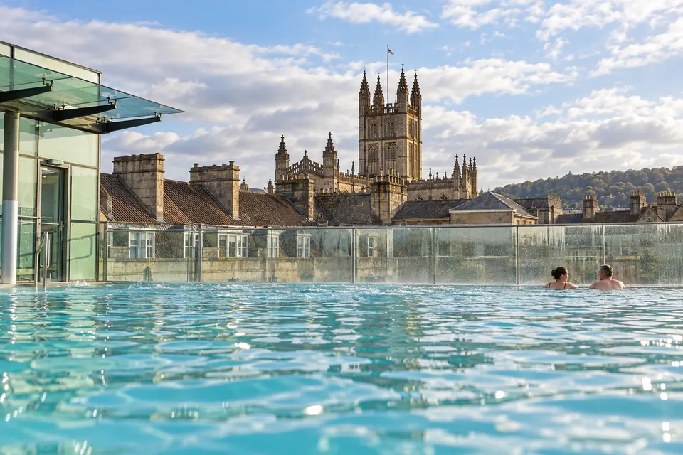 Bath Abbey from the rooftop pool at Thermae Bath Spa