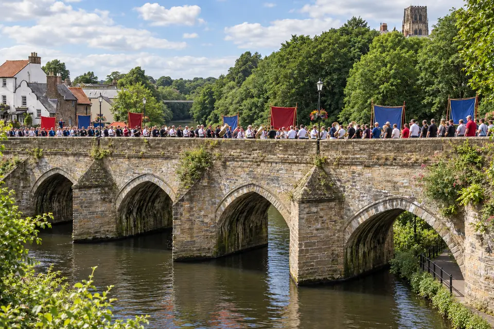 Banners crossing Elvet Bridge at the Miners' Gala