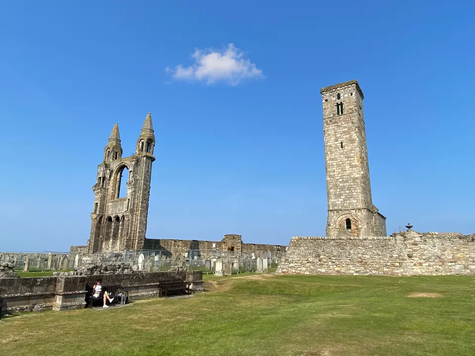 The cathedral ruins and St Rule's Tower on the cliff